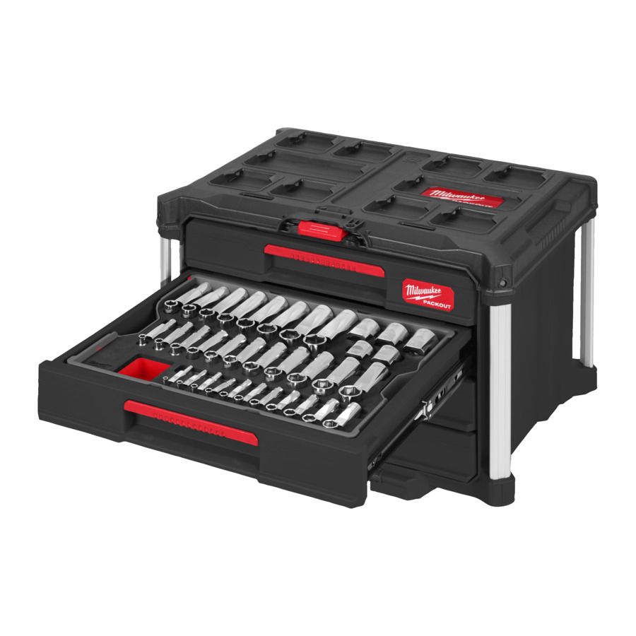 Milwaukee 1/4 Zoll, 3/8 Zoll & 1/2 Zoll Ratschen- u. Steckschlüsseleinsätze Set 244-teiliges Set im PACKOUT Koffer mit Schubladen