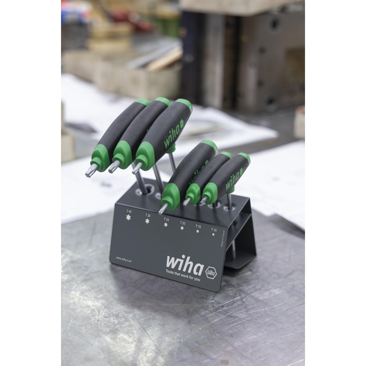 Wiha Stiftschlüssel mit Quergriff Set ComfortGrip TORX 7-teilges Set mit Seitenabtrieb, mattverchromt im Werkbankständer