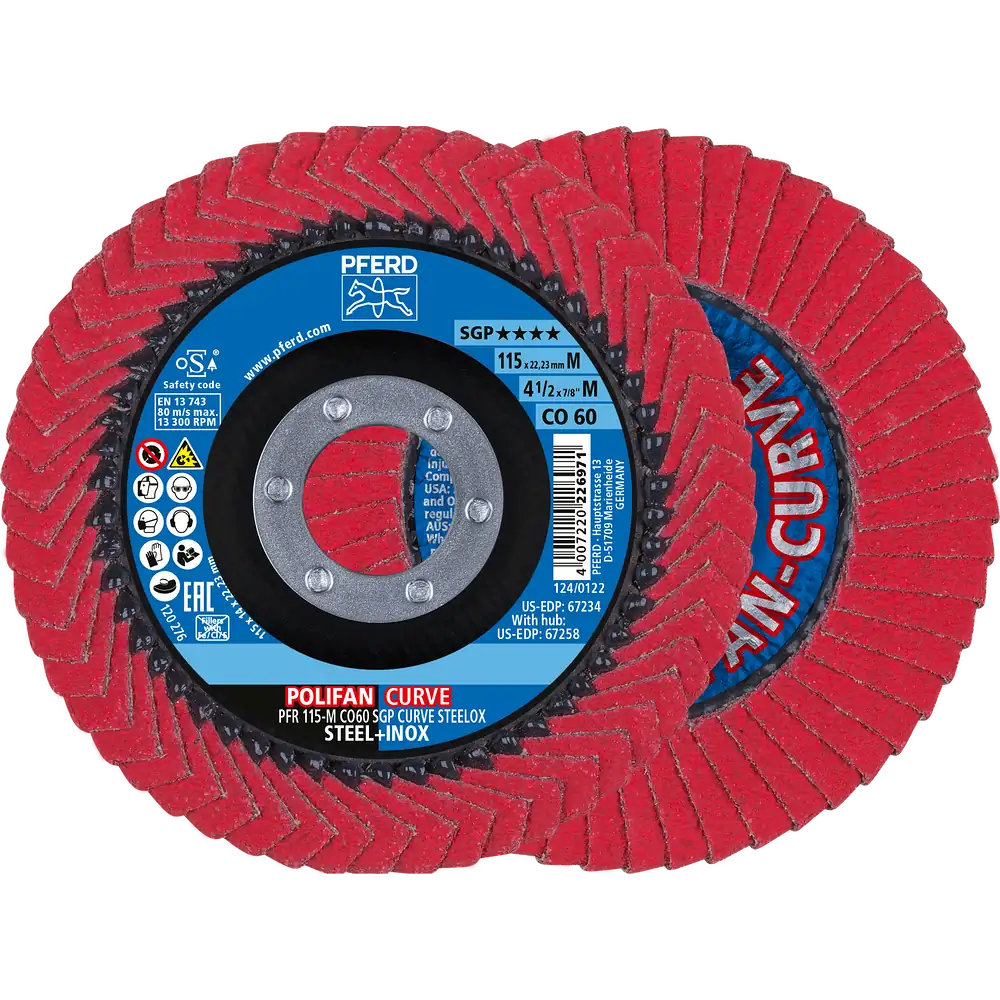 PFERD TOOLS POLIFAN CURVE Fächerscheibe PFR 115x22,23 mm Breite M CO60 SGP STEELOX für Stahl/Edelstahl (POS 2)