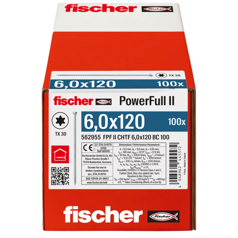 Fischer Vollgewindeschraube 6,0x120 PowerFull FPF II CHTF 6/8 BC, Vollgewinde, Zylinderkopf, TX