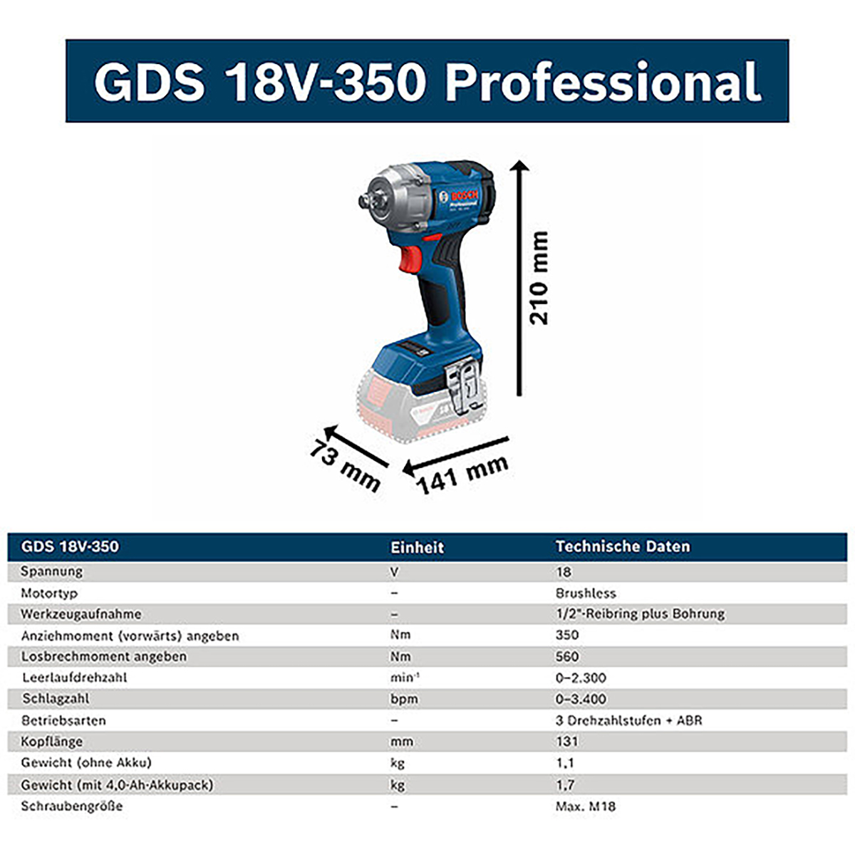 Bosch Akku-Drehschlagschrauber GDS 18V-350, 2 x Akku GBA 18V 4.0Ah in L-BOXX