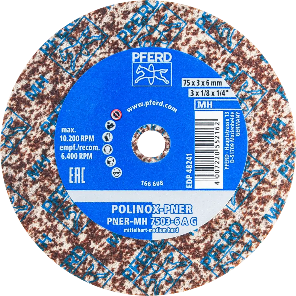 PFERD TOOLS POLINOX verpresstes Vlies-Rad PNER Ø 75x3 mm Bohrung-Ø 6 mm Mittelhart A Grob