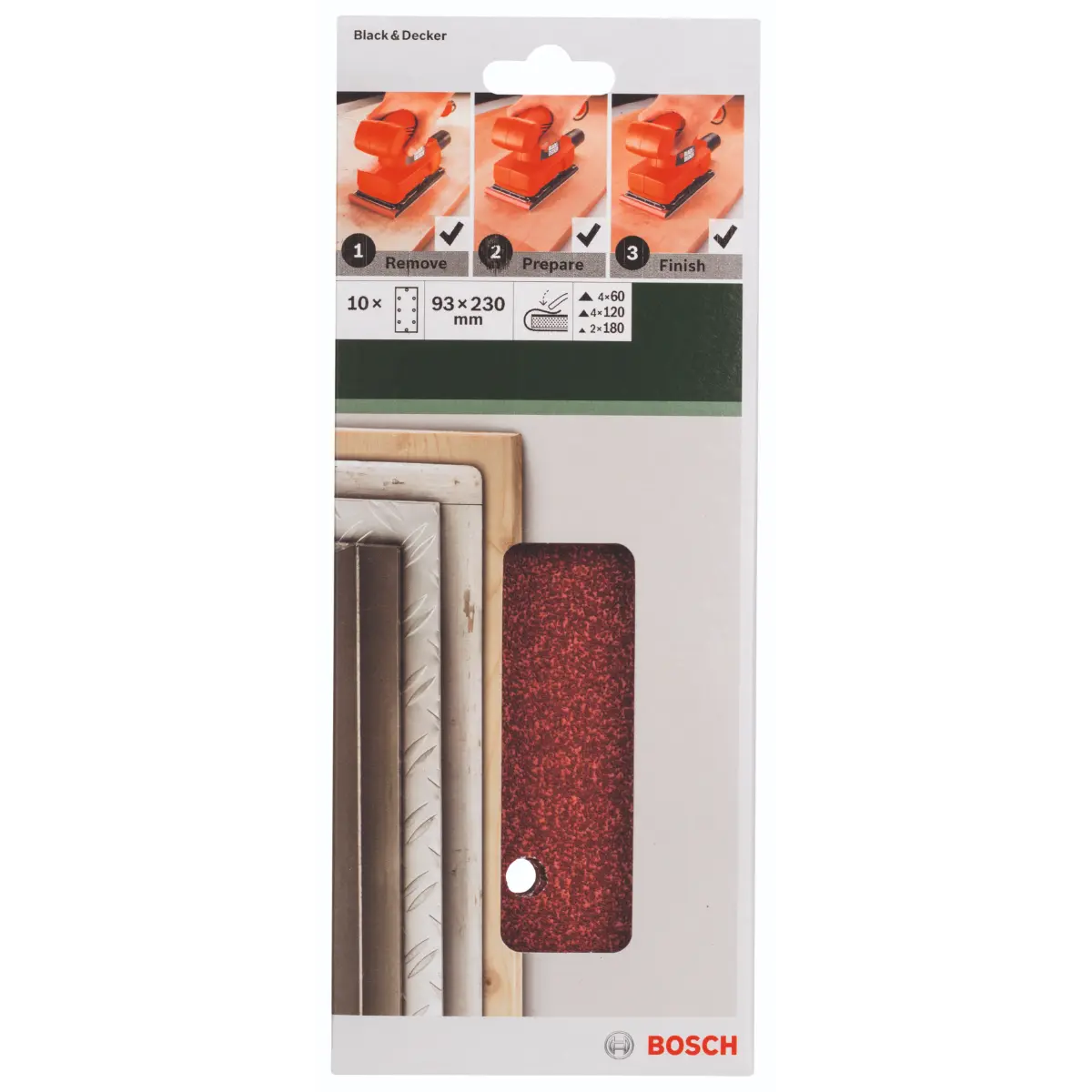 Bosch Schleifblatt-Set für Schwingschleifer K=60/120/180, 93 x 230 mm, 8 Loch, 10-tlg.