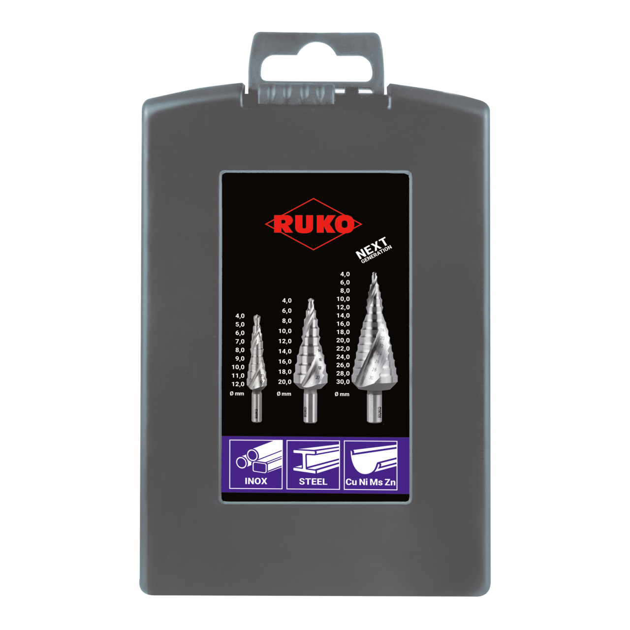 RUKO Stufenbohrer-Satz HSS-Co 5 spiralgenutet - 3-tlg.