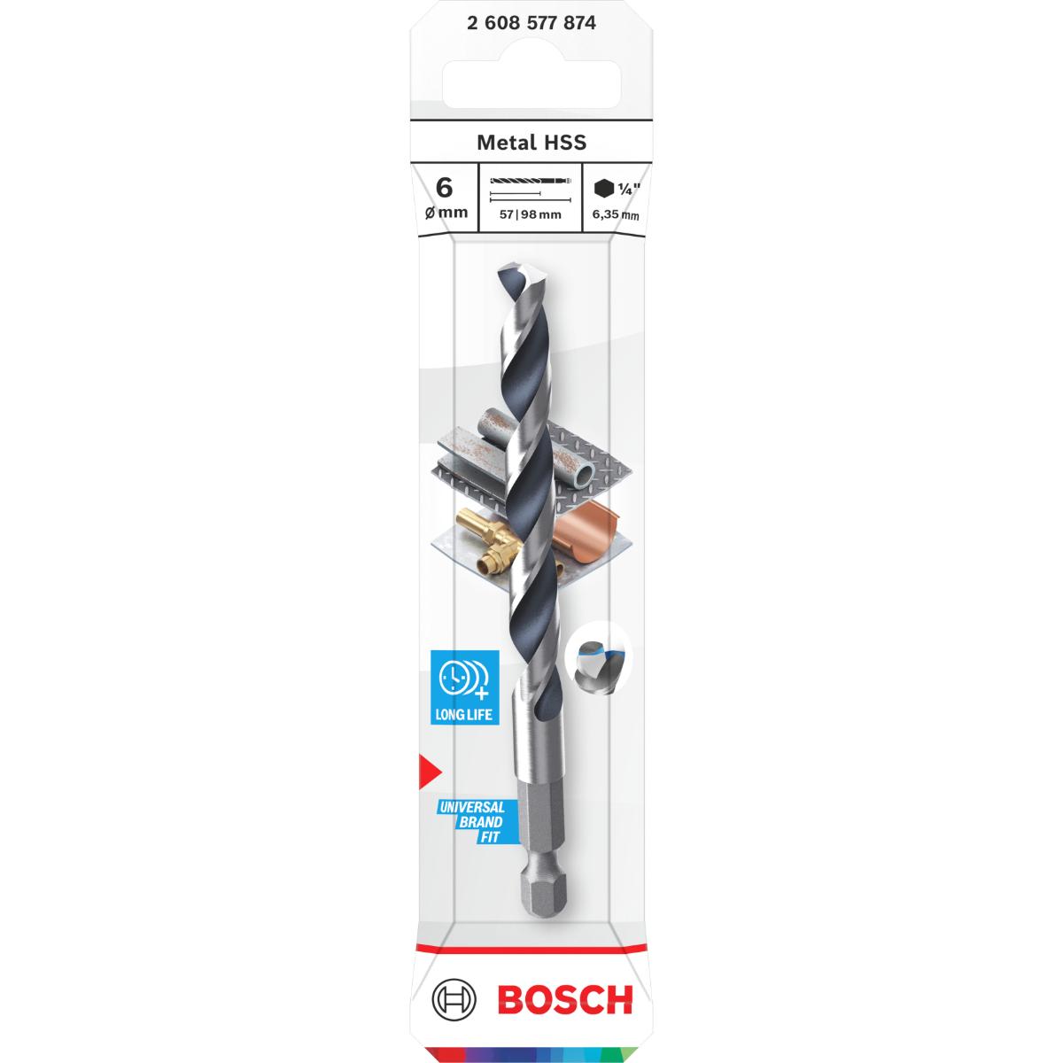Bosch Metal HSS Spiralbohrer, 6 x 57 x 98 mm, HEX 1/4 Schaft