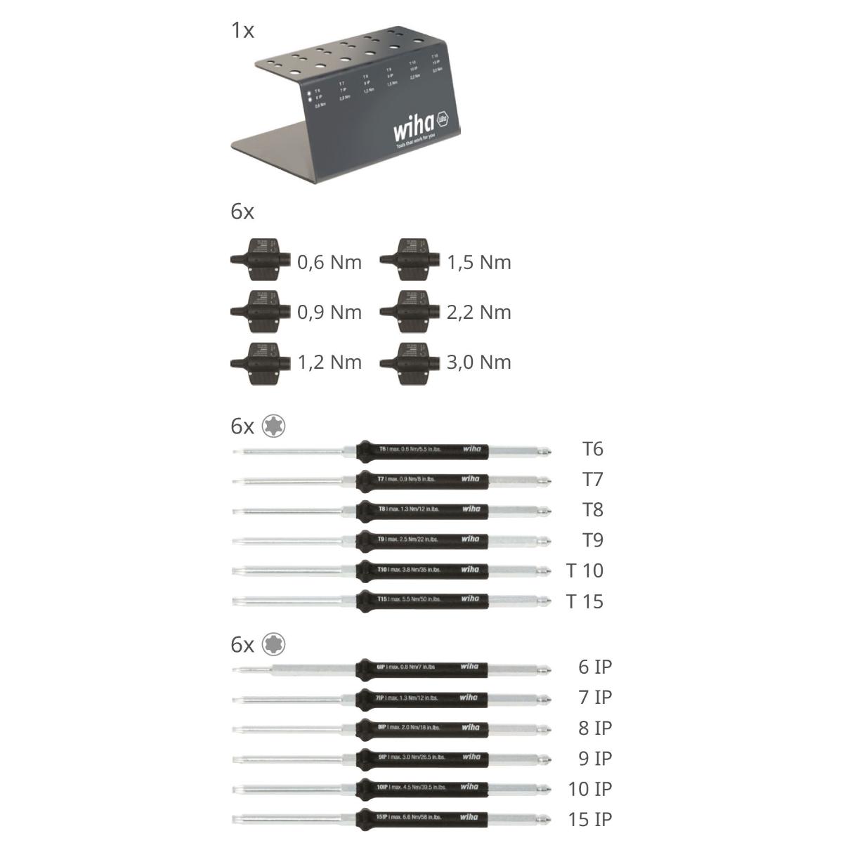 Wiha Drehmoment-Schraubendreher mit Schlüsselgriff Set easyTorque Key Torx , TorxPlus 19-teilges Set fest voreingestellte Drehmomentbegrenzung im Werkbankständer