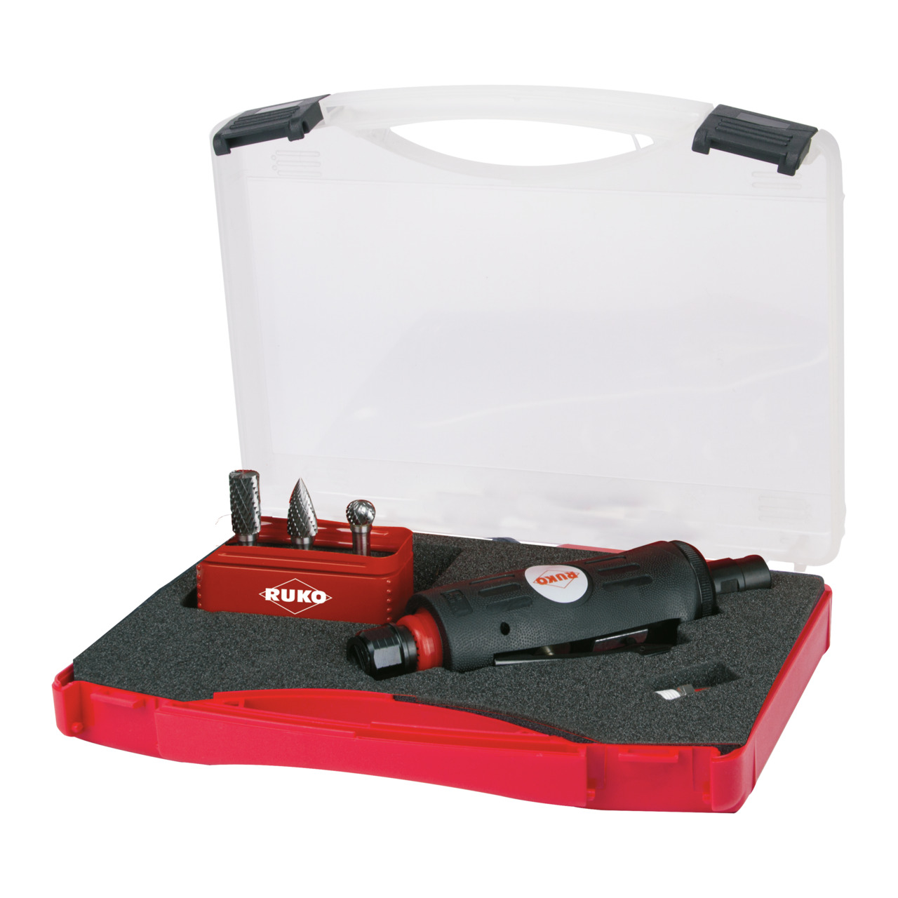 RUKO Druckluftschleifer-Satz mit Kupplungsstecker inklusive Frässtifte-Satz im Kunststoffkoffer - 5-tlg.