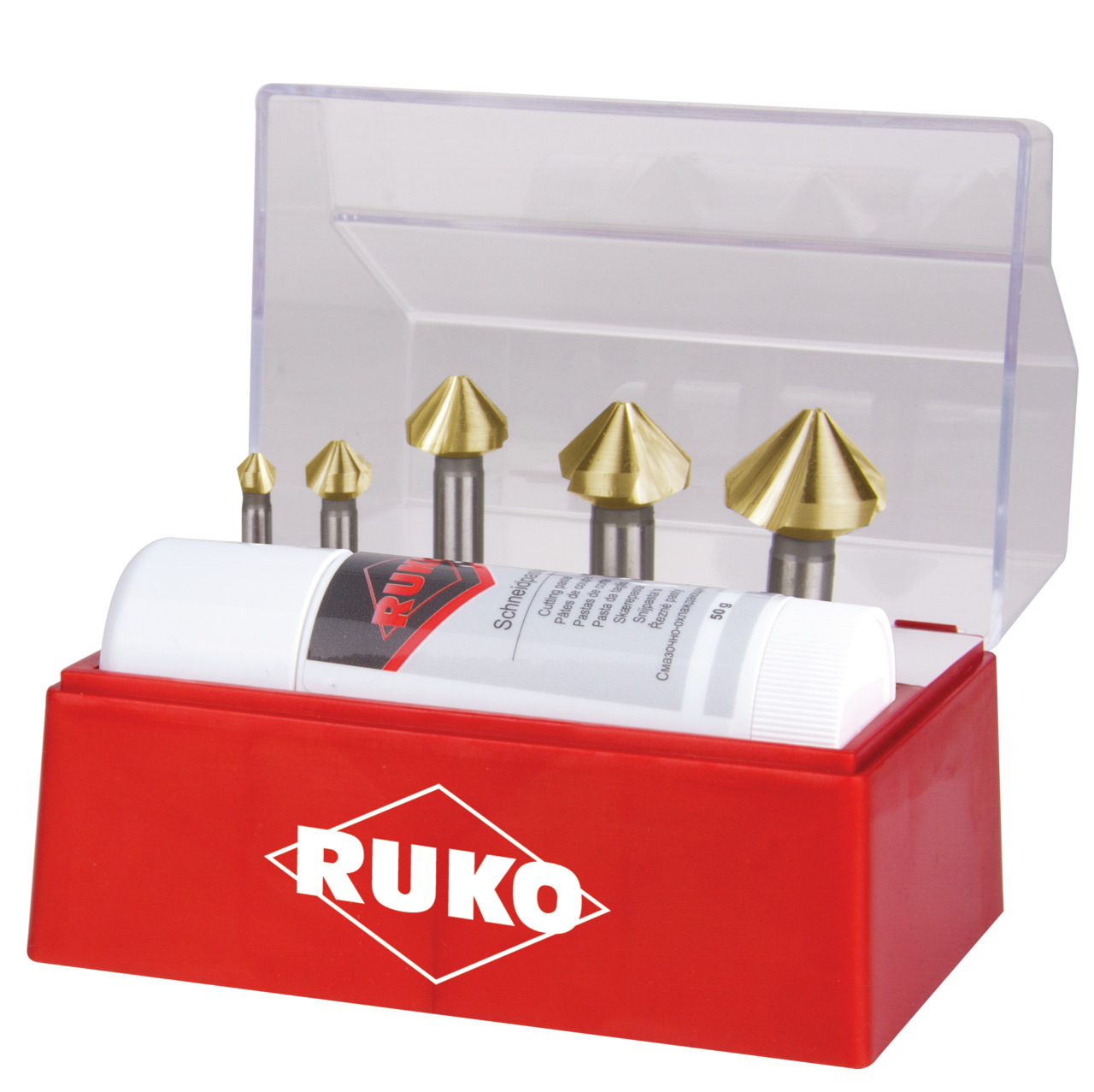 RUKO Kegelsenker-Satz DIN 335 Form C 90° HSS TiN + Schneidpaste 40 ml - 6-tlg.