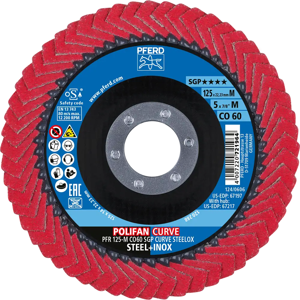 PFERD TOOLS POLIFAN CURVE Fächerscheibe PFR 125x22,23 mm Breite M CO60 SGP STEELOX für Stahl/Edelstahl (POS 2)