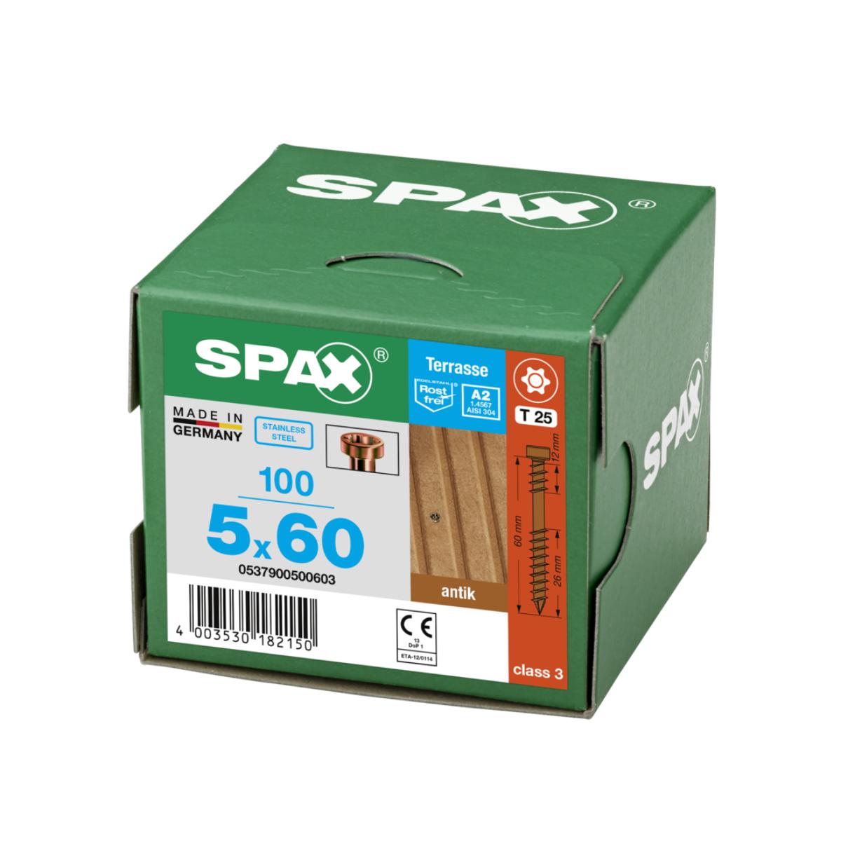 SPAX Terrasse A2 Zylinderkopf T-Star Plus T25 Fixiergewinde Cut antik, 100 Stück