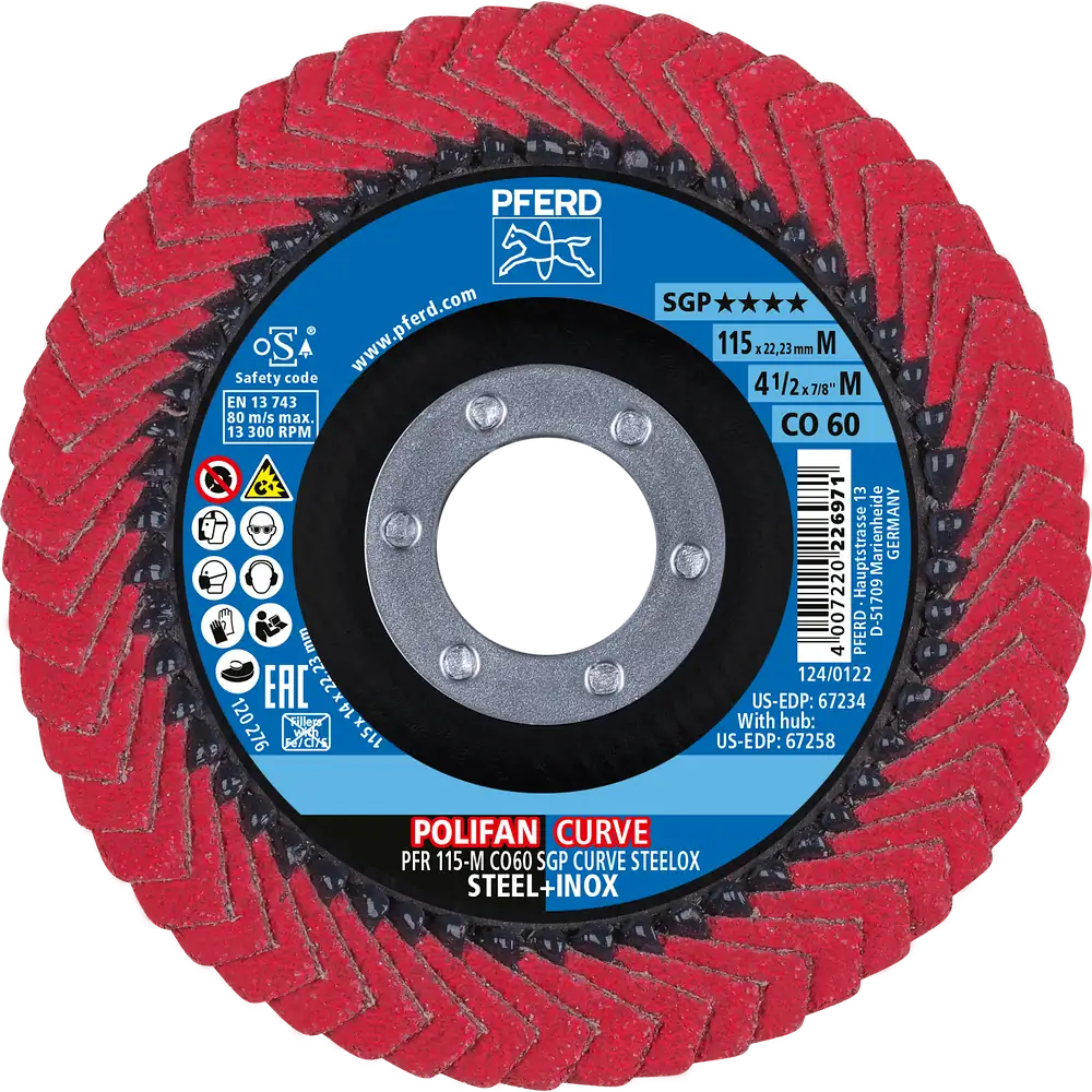 PFERD TOOLS POLIFAN CURVE Fächerscheibe PFR 115x22,23 mm Breite M CO60 SGP STEELOX für Stahl/Edelstahl (POS 2)