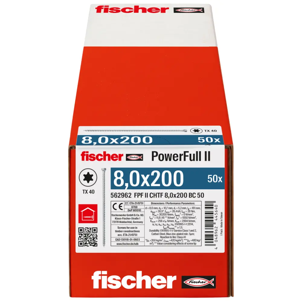 Fischer Vollgewindeschraube 8,0x200 PowerFull FPF II CHTF 6/8 BC, Vollgewinde, Zylinderkopf, TX