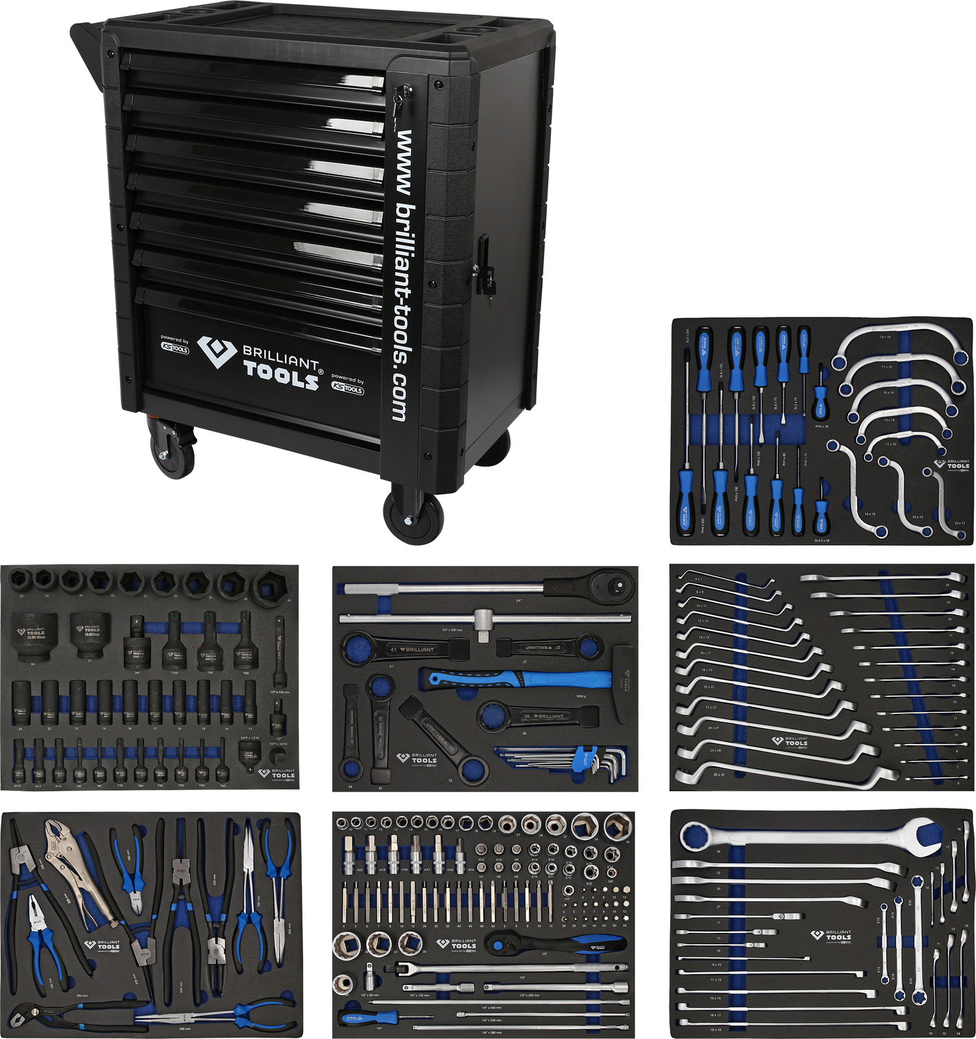 Brilliant Tools Werkstattwagen mit 7 Schubladen und 225 Werkzeugen, NFZ