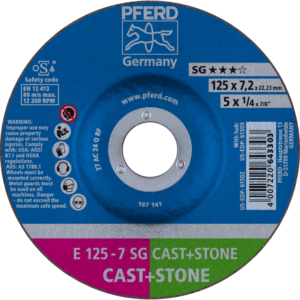 PFERD TOOLS Schruppscheibe E 125x7,2x22,23 mm Leistungslinie SG CAST+STONE für Guss/Stein, 2 Stück