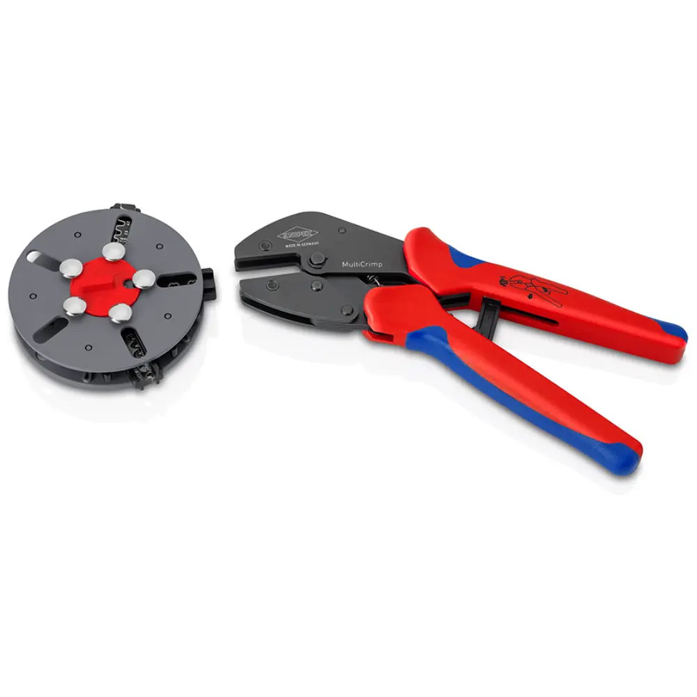 KNIPEX MultiCrimp Crimpzange mit Wechselmagazin mit Mehrkomponenten-Hüllen brüniert 250 mm
