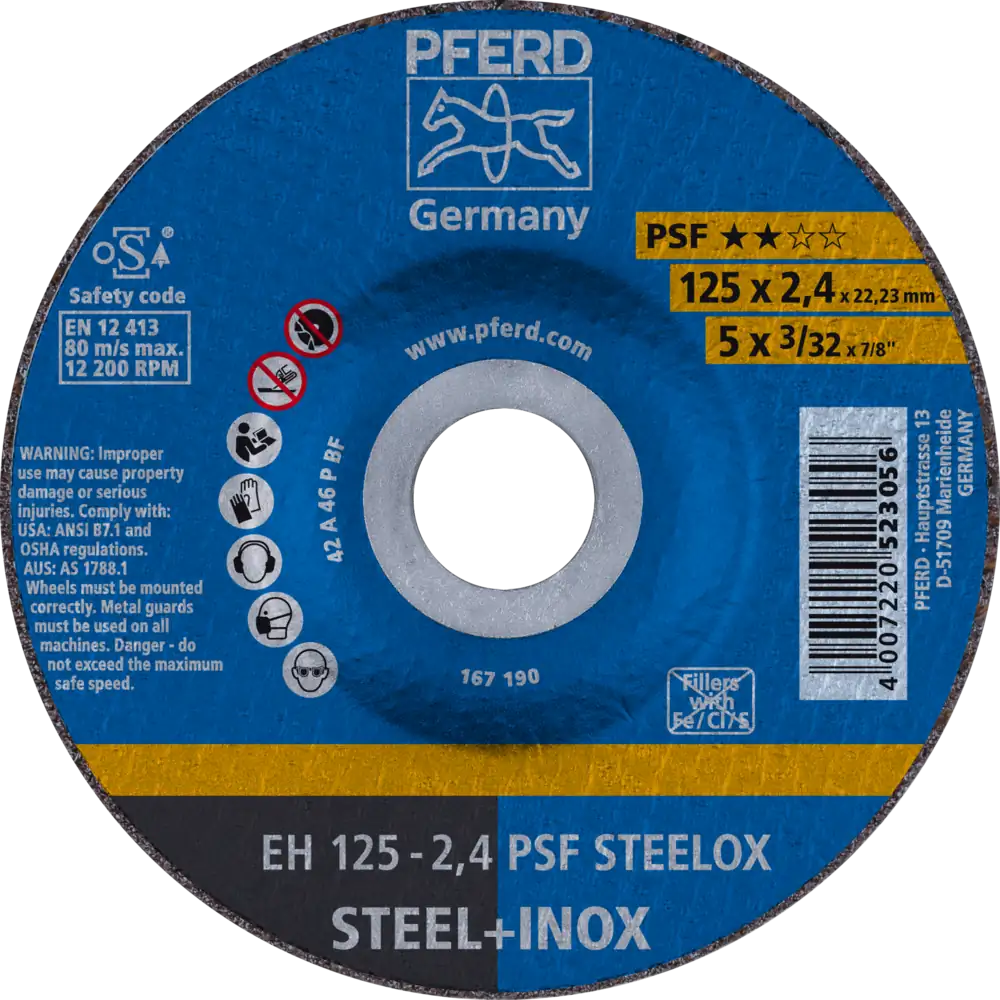PFERD TOOLS Trennscheibe EH 125x2,4x22,23 mm gekröpft Universallinie PSF STEELOX für Stahl/Edelstahl, 10 S
