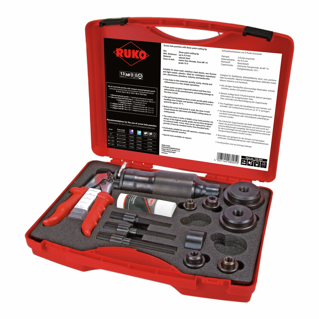 RUKO Schraublochstanzen-Satz mit kompakter Handhydraulikstanze im Kunststoffkoffer - 12-tlg.