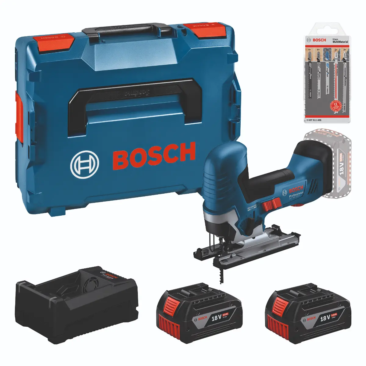 Bosch Werkzeug-Set: GST 18V-125 S + 2x GBA 5.0Ah + GAL + Stichsägeblattset in L-BOXX