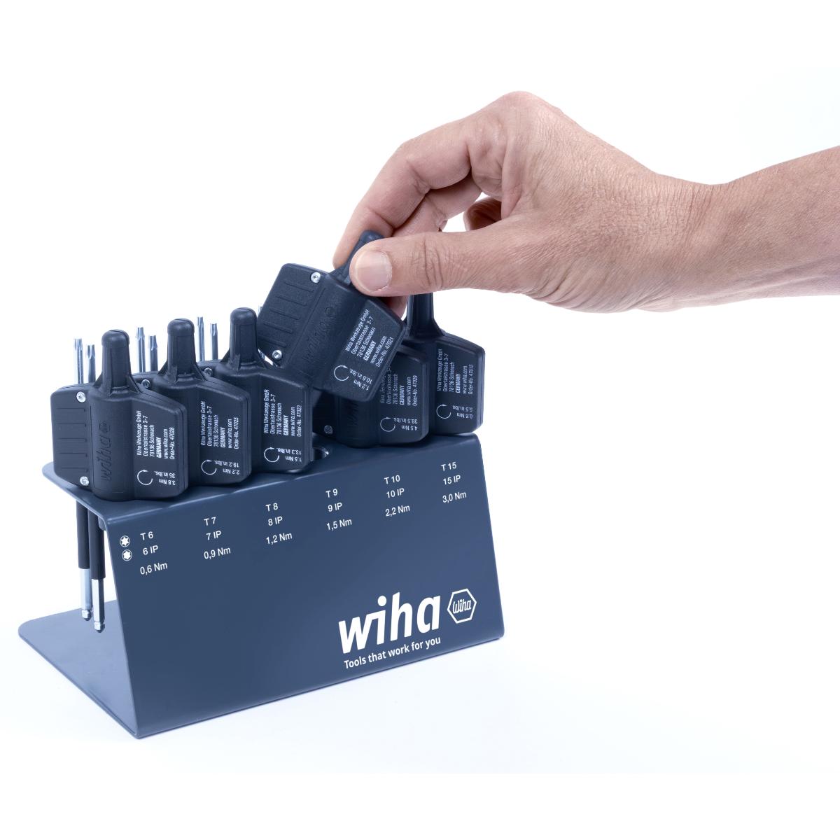 Wiha Drehmoment-Schraubendreher mit Schlüsselgriff Set easyTorque Key Torx , TorxPlus 19-teilges Set fest voreingestellte Drehmomentbegrenzung im Werkbankständer