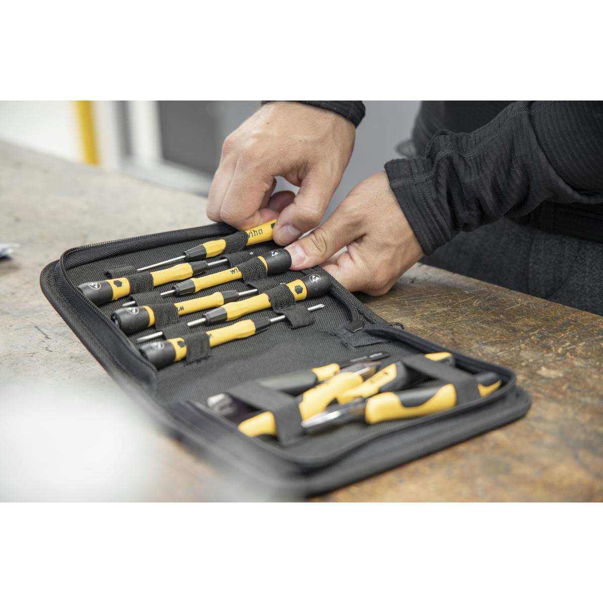 Wiha Werkzeug Set ESD Zangen, Schraubendreher, Pinzette 10-teilges Set mit Werkzeugmappe