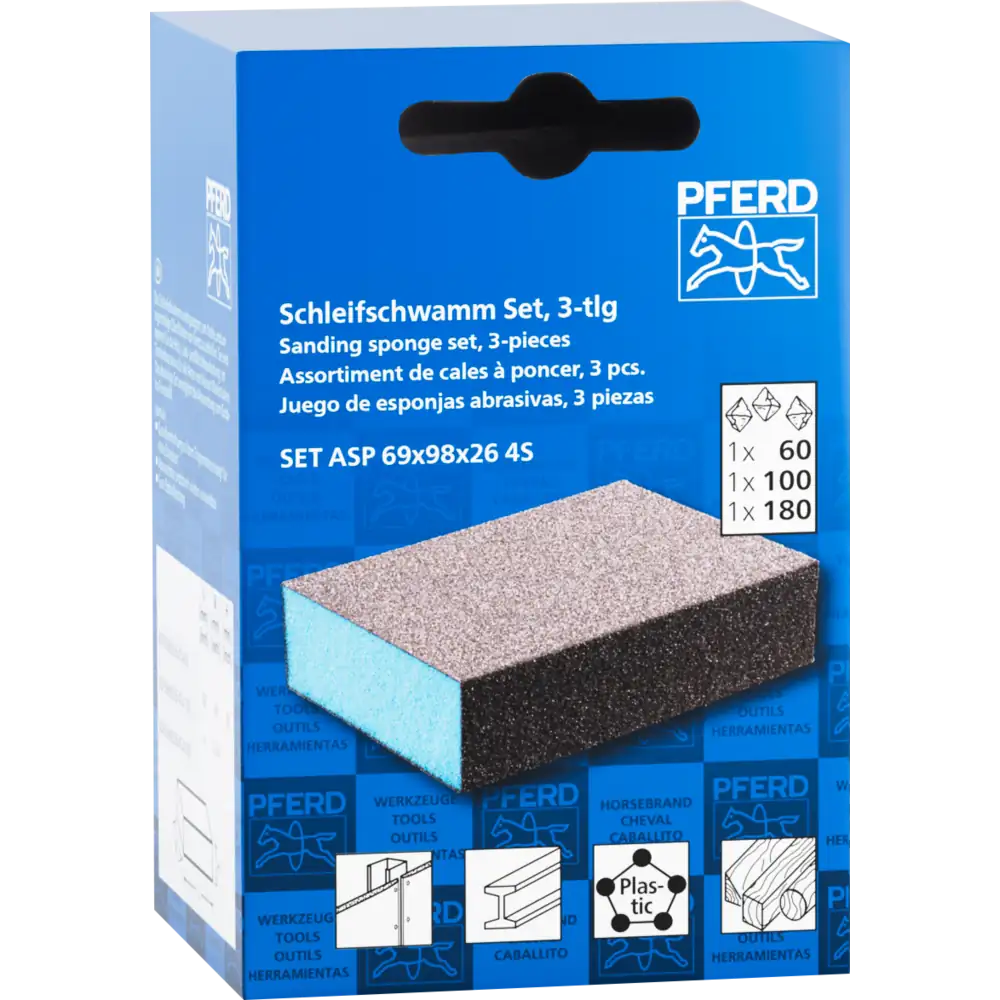 PFERD TOOLS Wasserfester Schleifschwamm Set 69x98x26 mm A60,A100,A180 für universelle Anwendung