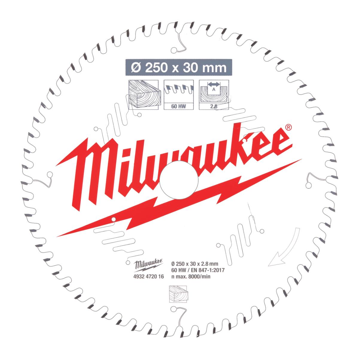 Milwaukee - Kreissägeblatt 250/30 mm 60Z Holz - 4932472016