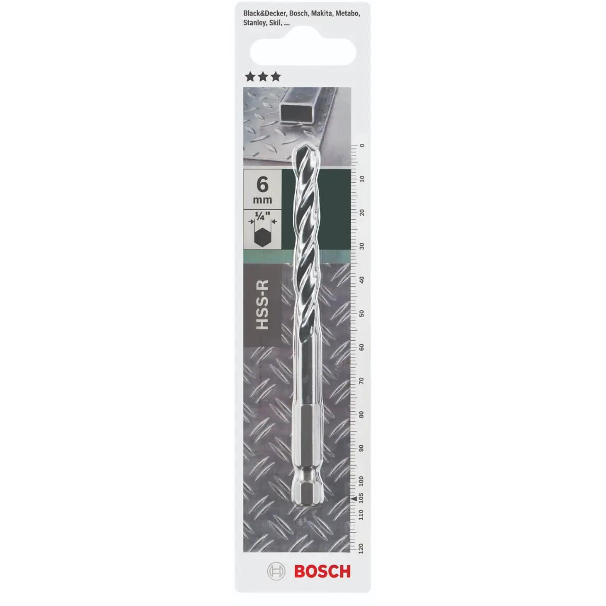 Bosch Metallspiralbohrer-HSS- R, DIN 338 mit 1/4"-Sechskantschaft D= 6,0 mm, L= 105 mm