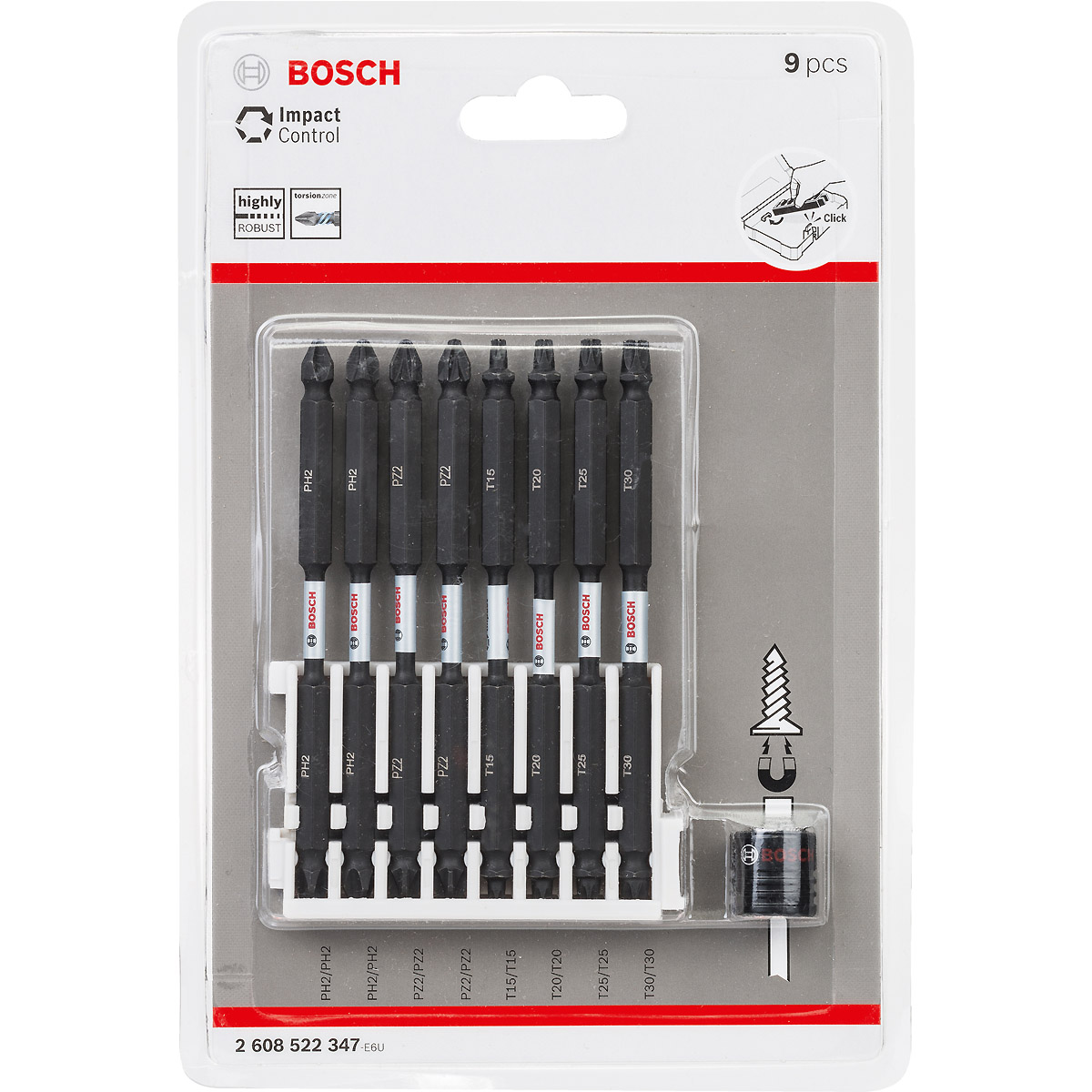 Bosch Doppelklingen Schrauberbit-Set Impact Control, 9-teilig, PH2 / PZ2 / T15 / T20 / T25 / T30