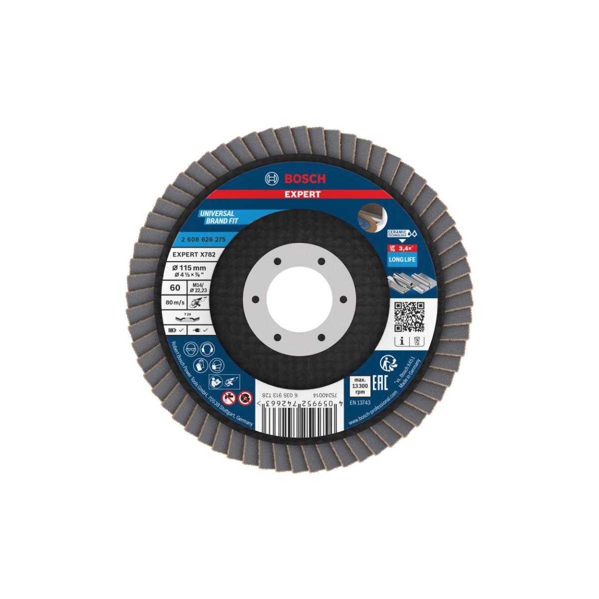 Bosch EXPERT X782 Fächerschleifscheibe, abgewinkelt, 115 mm, K60, Ecke, Bohrung 22,23 mm