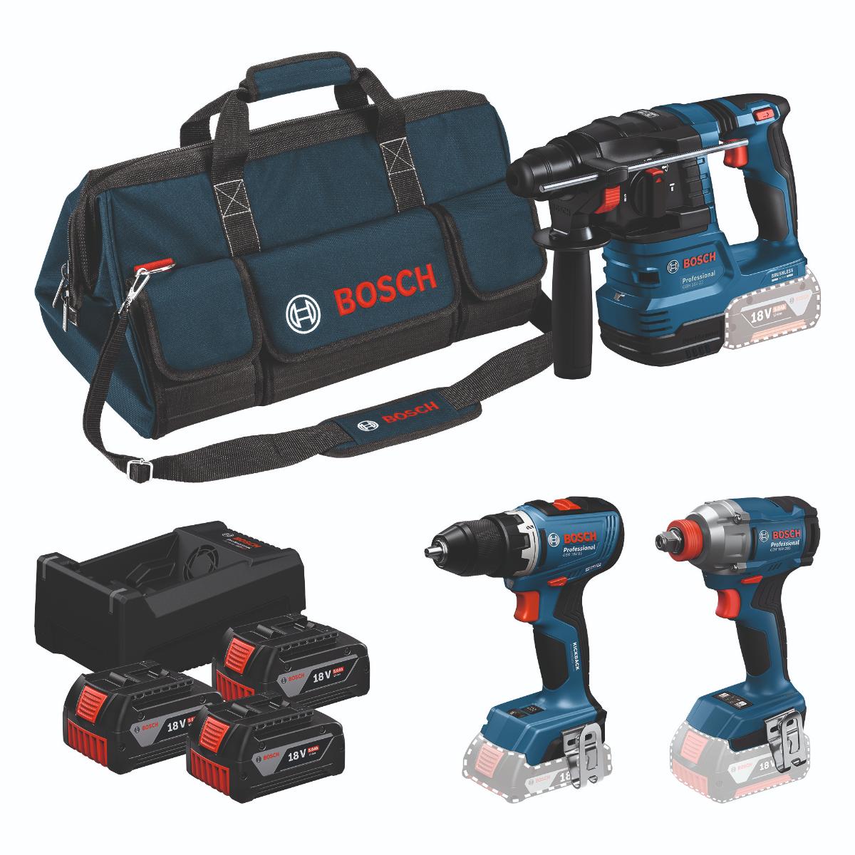 Bosch Combo Kit 18V-Set mit 3 Werkzeugen: GSR + GDX + GBH + 3x5.0Ah + GAL 12V/18V-80 Bosch Combo Kit 18V-Set mit 3 Werkzeugen: GSR + GDX + GBH + 3x5.0Ah + GAL 12V/18V-80