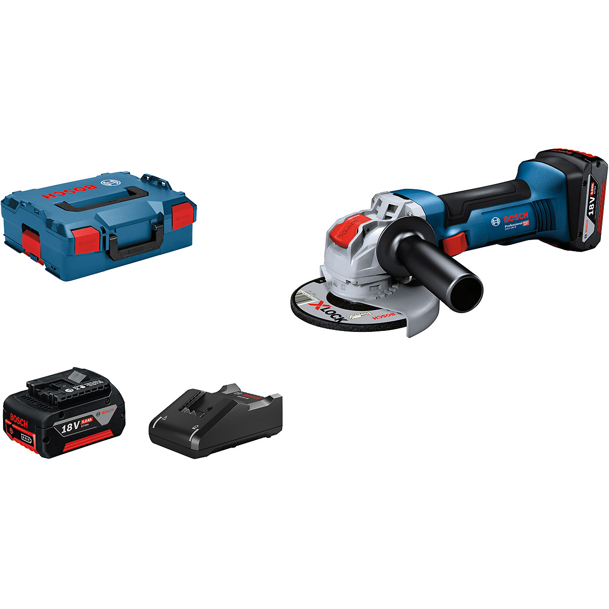 Bosch Akku-Winkelschleifer GWX 18V-8, 2 Akku GBA 18V 5.0 Ah, Schnellladege. GAL 18V-40