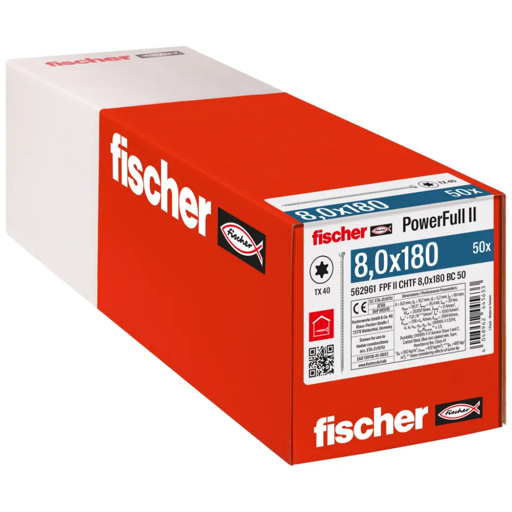 Fischer Vollgewindeschraube 8,0x180 PowerFull FPF II CHTF 6/8 BC, Vollgewinde, Zylinderkopf, TX