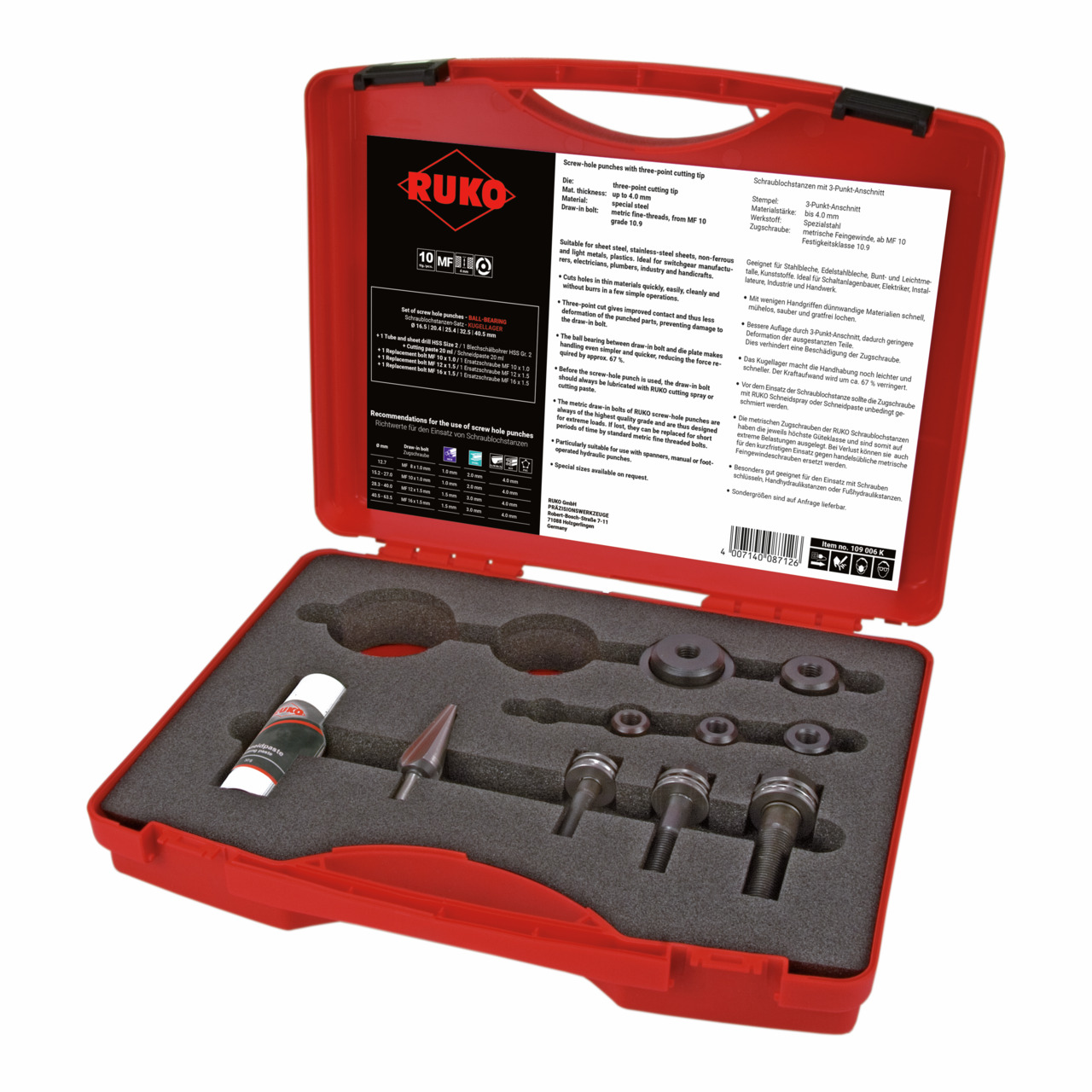 RUKO Schraublochstanzen-Satz mit Kugellager im Kunststoffkoffer - 10-tlg.