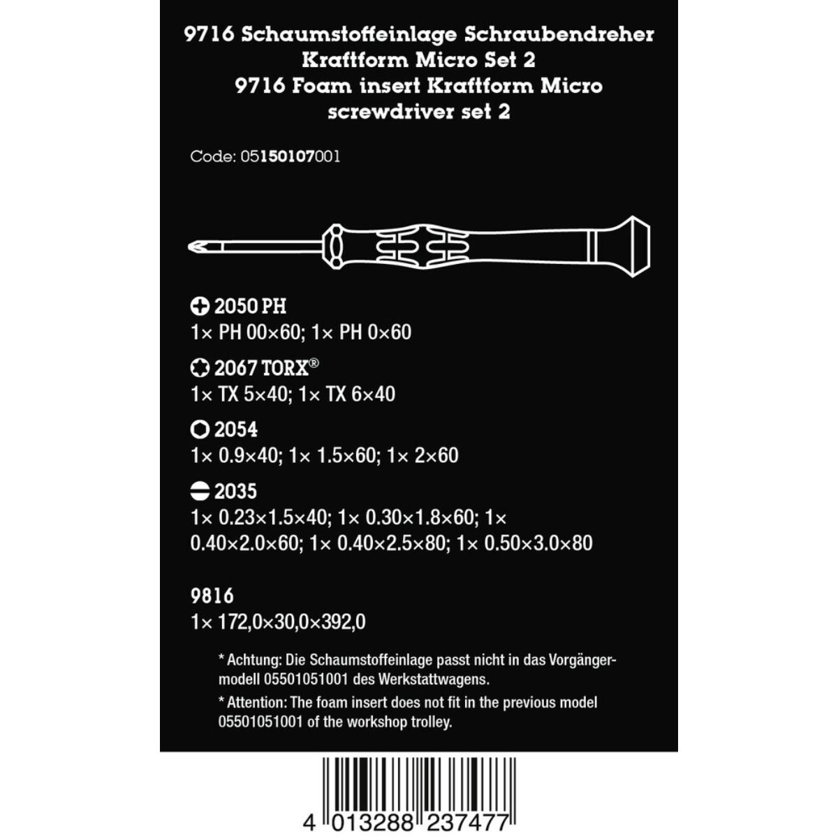 Wera 9716 Schaumstoffeinlage Schraubendreher Kraftform Micro Set 2