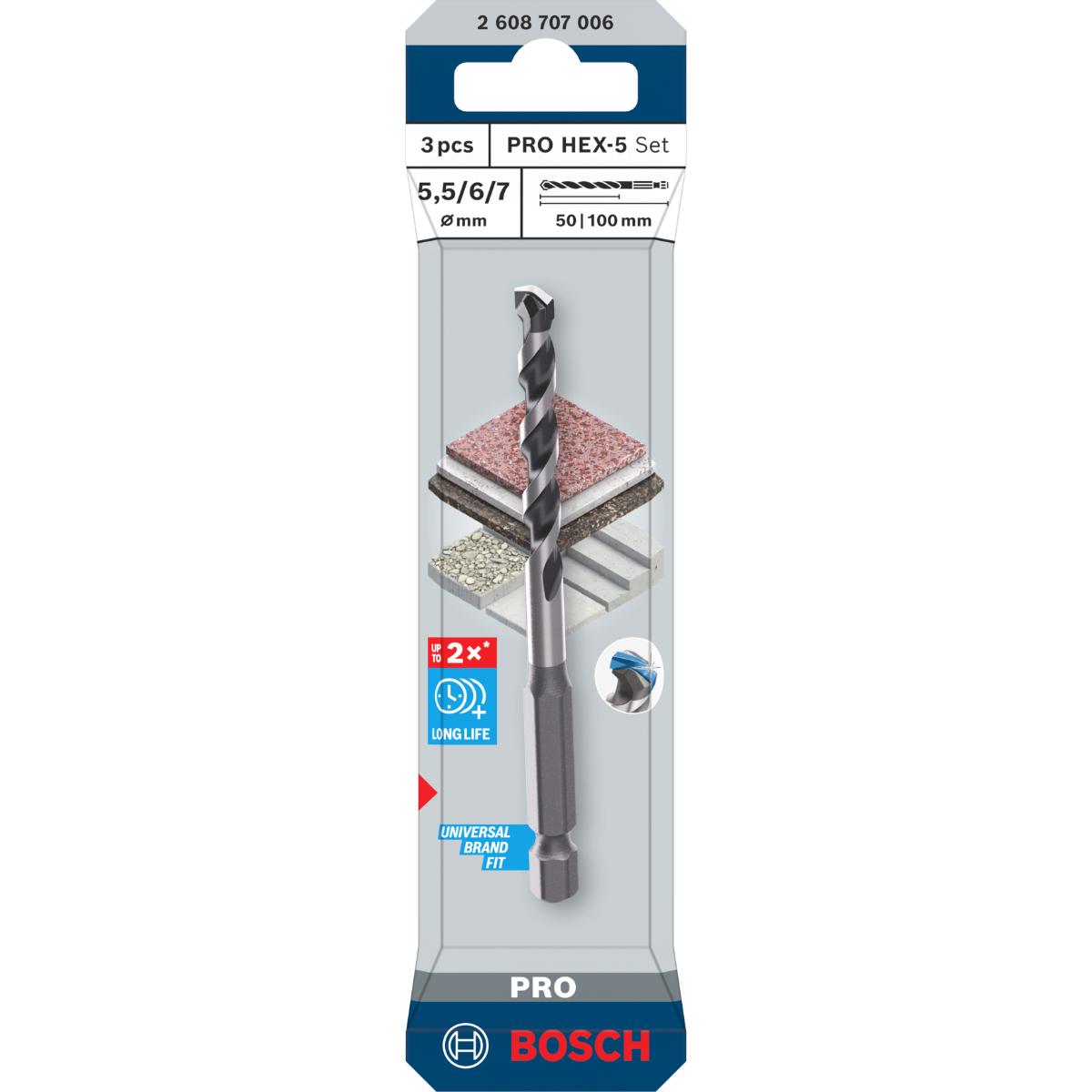 Bosch PRO HEX-5 Bohrer 5,5x100, 6x100, 7x100 mm, 3-teiliges Set