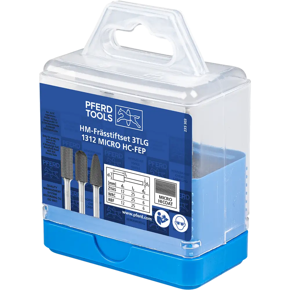 PFERD TOOLS Hartmetall Hochleistungsfrässtift Set 1312 MICRO 3-tlg Ø 12mm Schaft-Ø 6mm HICOAT beschichtet für die Feinbearbeitung