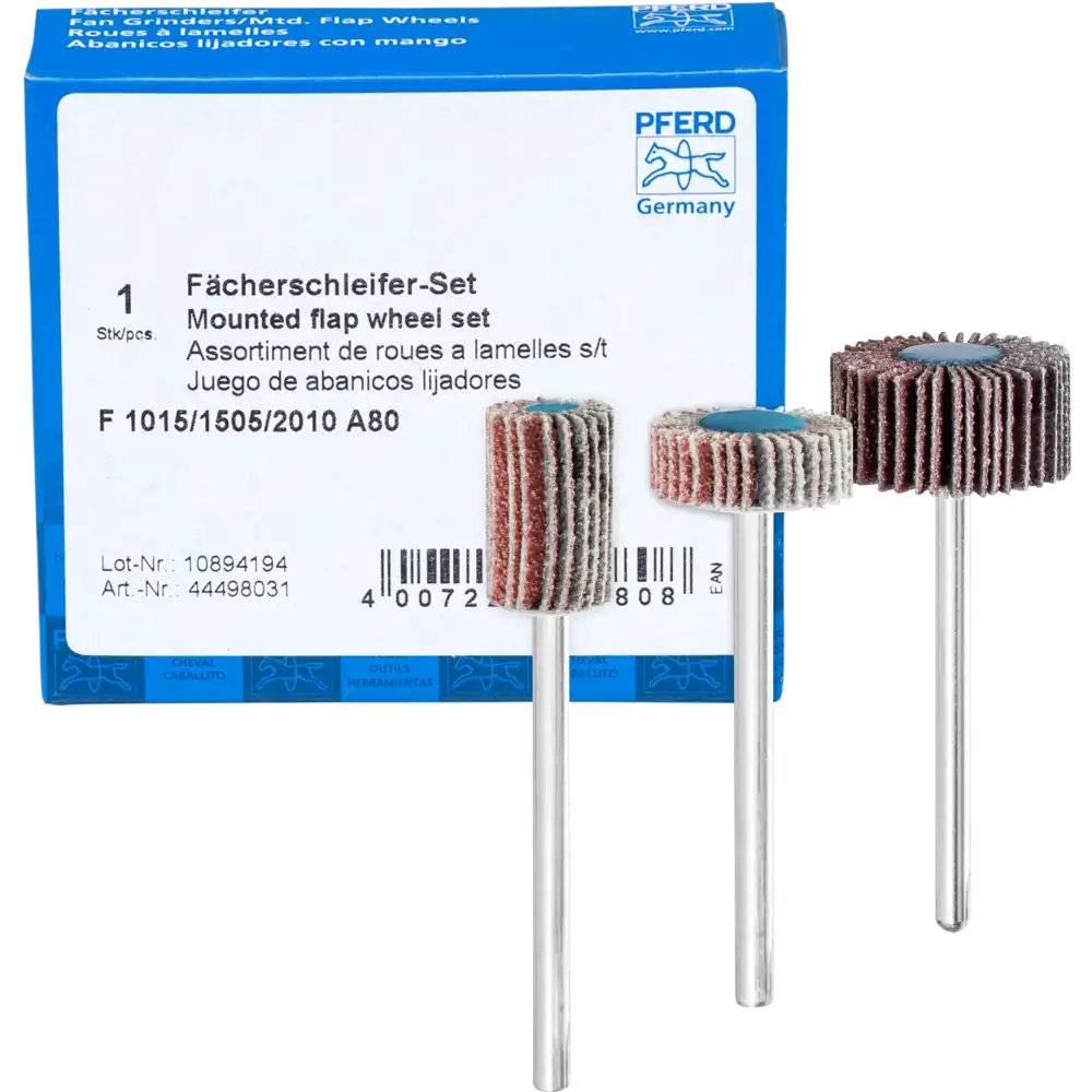 PFERD TOOLS Fächerschleifer-Set Korund A 80 10x15mm, 15x5mm und 20x10mm Schaft 3mm für Feinschliff