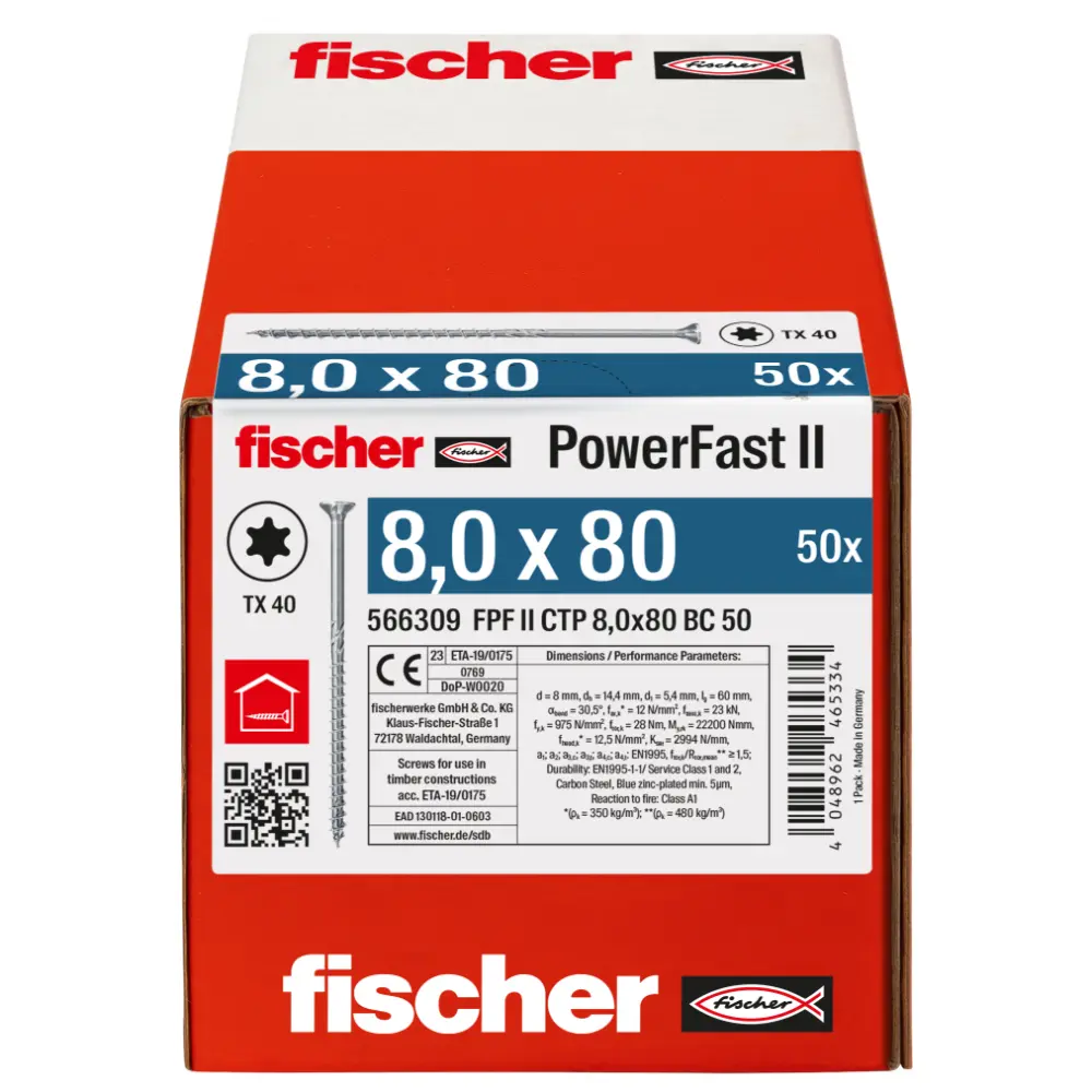 Fischer Holzbauschraube 8,0x80 FPF II CTP BC, Senkkopf, Innenstern TX, Teilgewinde, blauverzinkt
