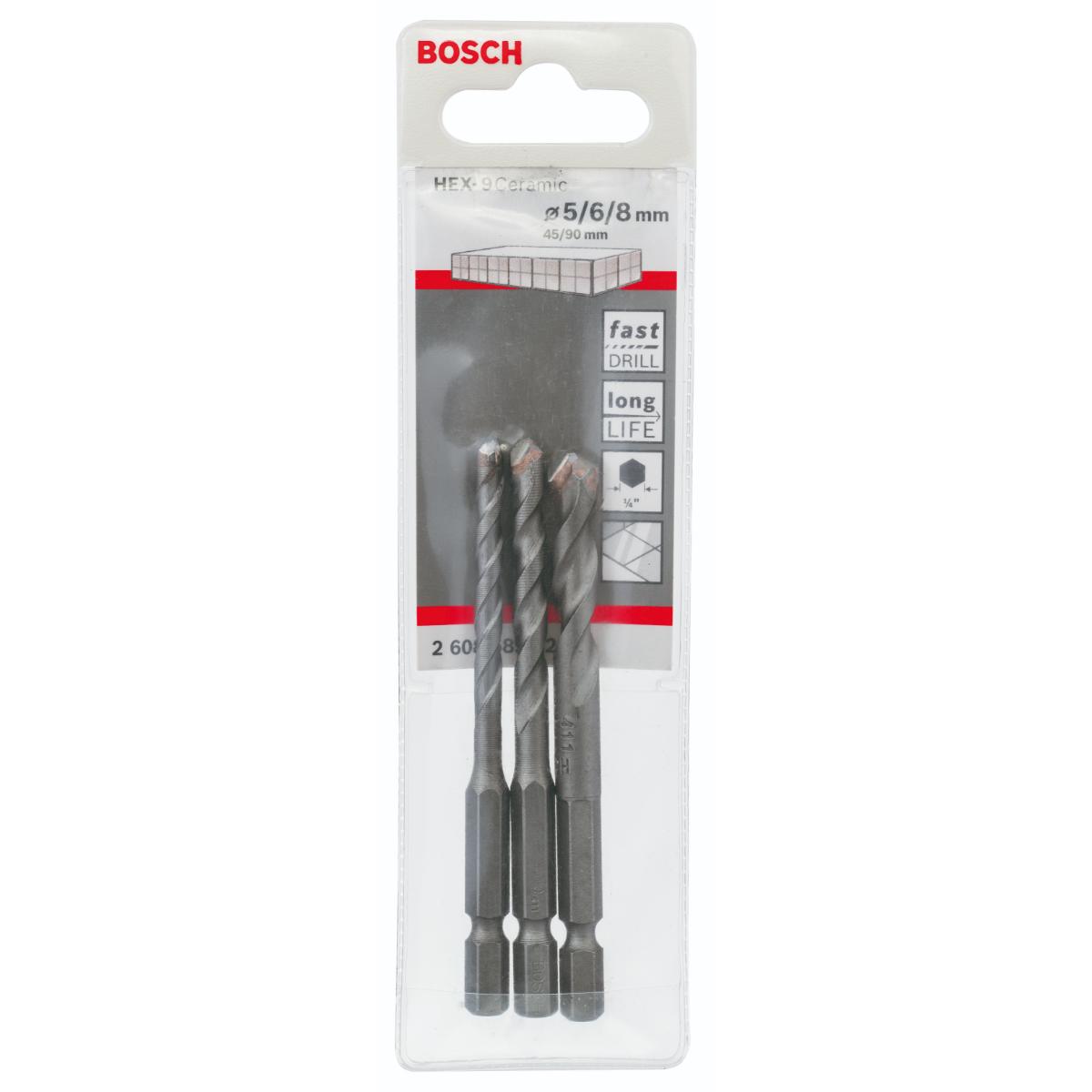 Bosch 3-tlg. Fliesenbohrer-Set HEX-9 Ceramic, 5/6/8 mm für Bohrmaschinen/Schrauber