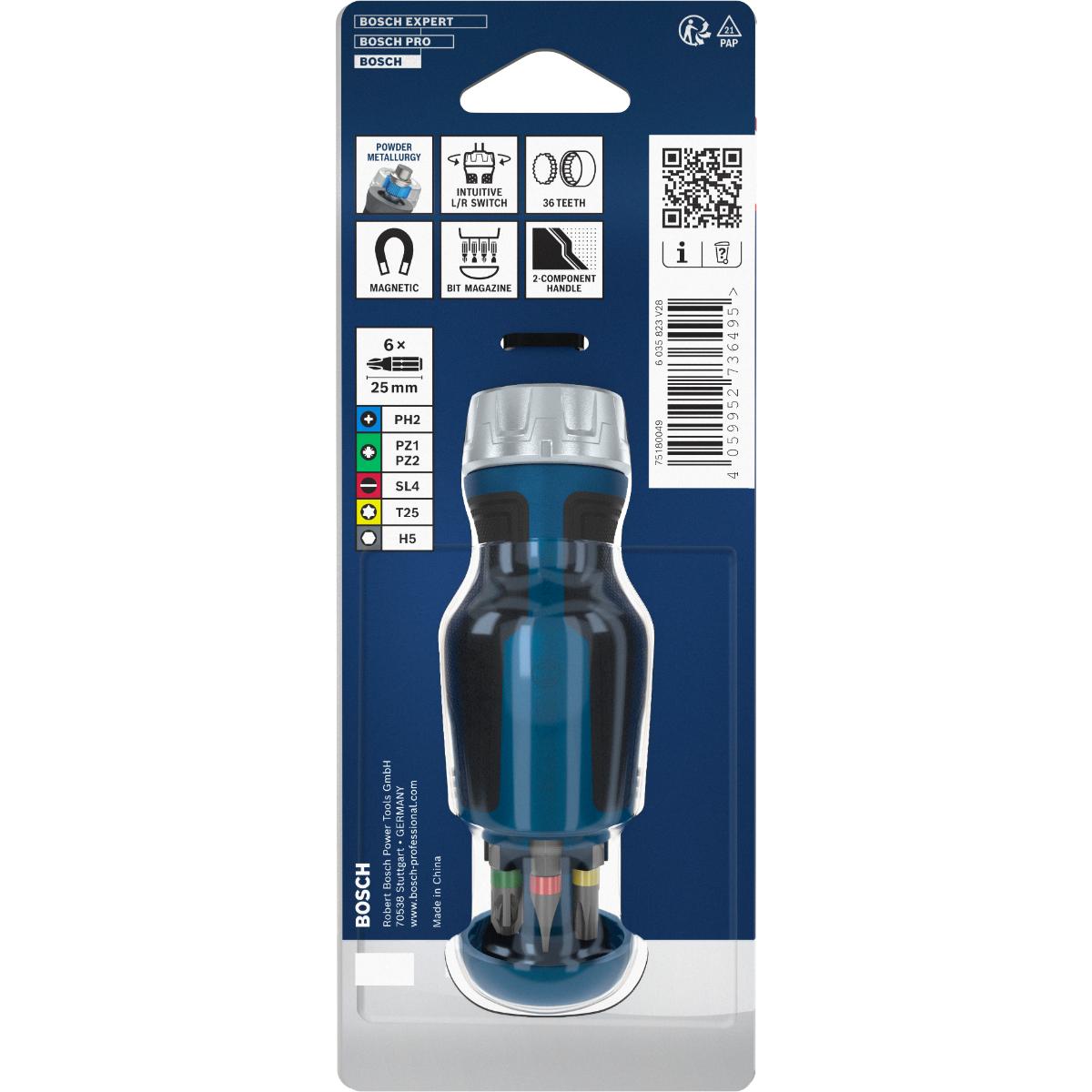 Bosch Stubby-Bit-Ratschenschraubendreher mit Magazin, 6 Bits
