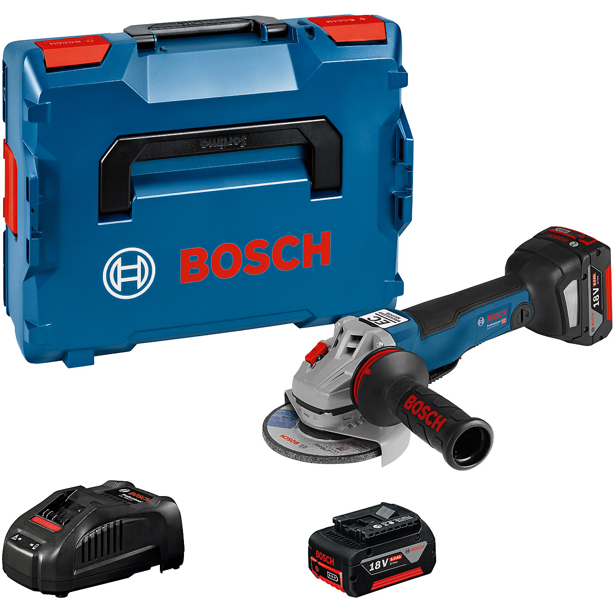 Bosch Akku-Winkelschleifer GWS 18V-10 PC, mit 2 x 5.0 Ah Li-Ion Akku, L-BOXX