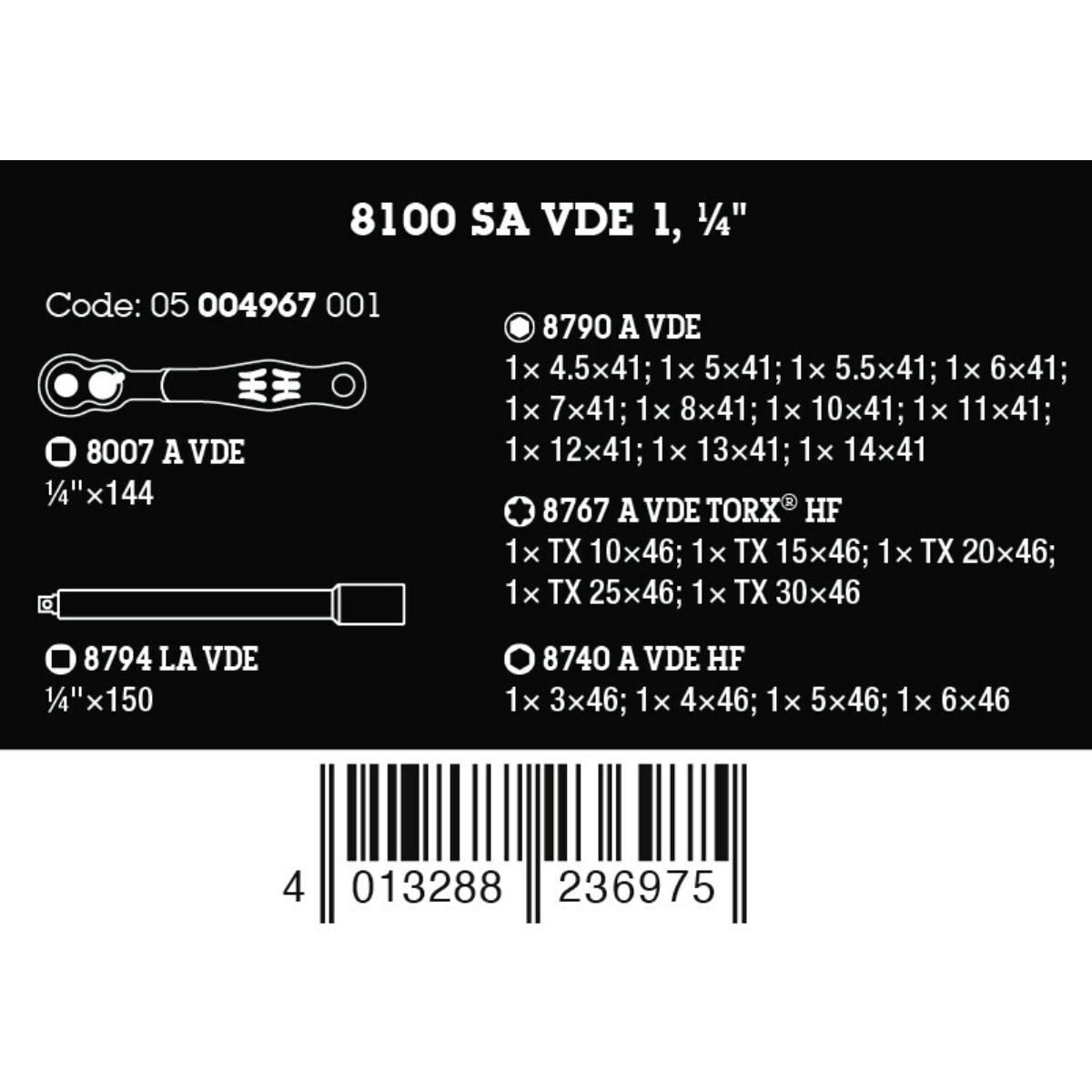 Wera 8100 SA VDE 1 Zyklop Knarrensatz, isoliert, Umschalthebel, 1/4"-Antrieb, metrisch, 22-teiliges Set