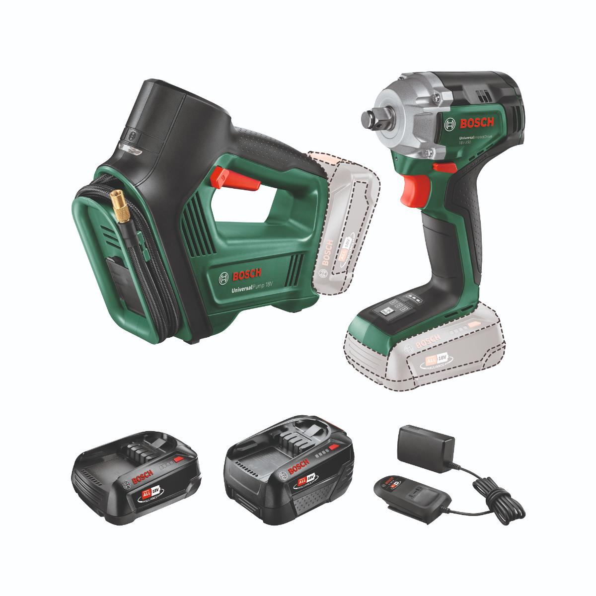 Bosch Combo Kit 18VUniversalImpactDrive+UniversalPump, 1x PBA 18V 2.0Ah+PBA 18V 4.0Ah