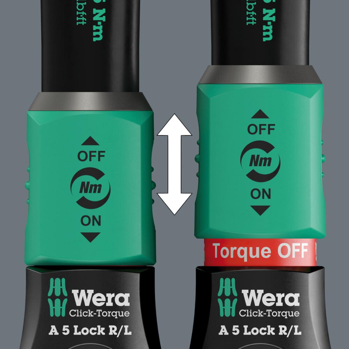 Wera Click-Torque Lock A 5 R/L Drehmomentschlüssel, einstellbar, Torque Lock Funktion, Durchsteckvierkant (1/4 zoll), Rechts-/Linksanzug, 2,5-25 Nm, 1/4 zoll x 2,5-25 Nm