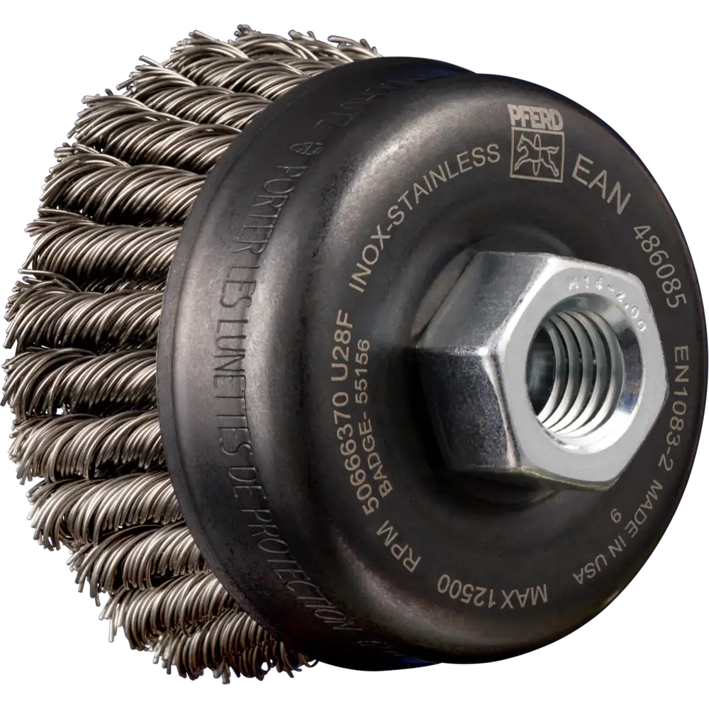 PFERD TOOLS POS Topfbürste 2-reihig gezopft TBG HD 65 mm M14 Edelstahl-Draht für Winkelschleifer