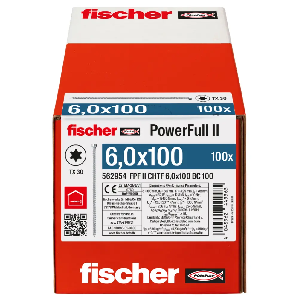 Fischer Vollgewindeschraube 6,0x100 PowerFull FPF II CHTF 6/8 BC, Vollgewinde, Zylinderkopf, TX