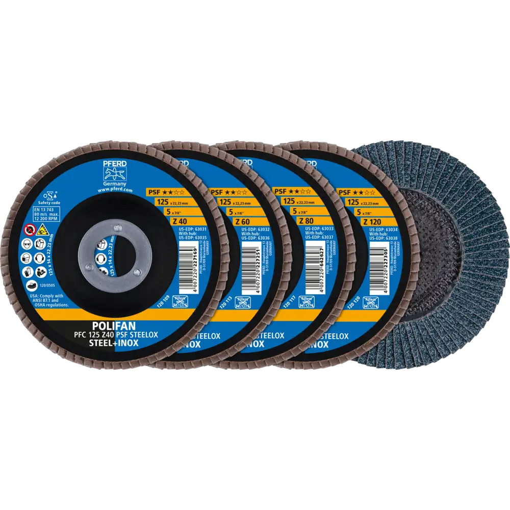 PFERD TOOLS POLIFAN Fächerscheiben Set PFC 125 konisch Z40/60/80/120 PSF STEELOX für Stahl/Edelstahl