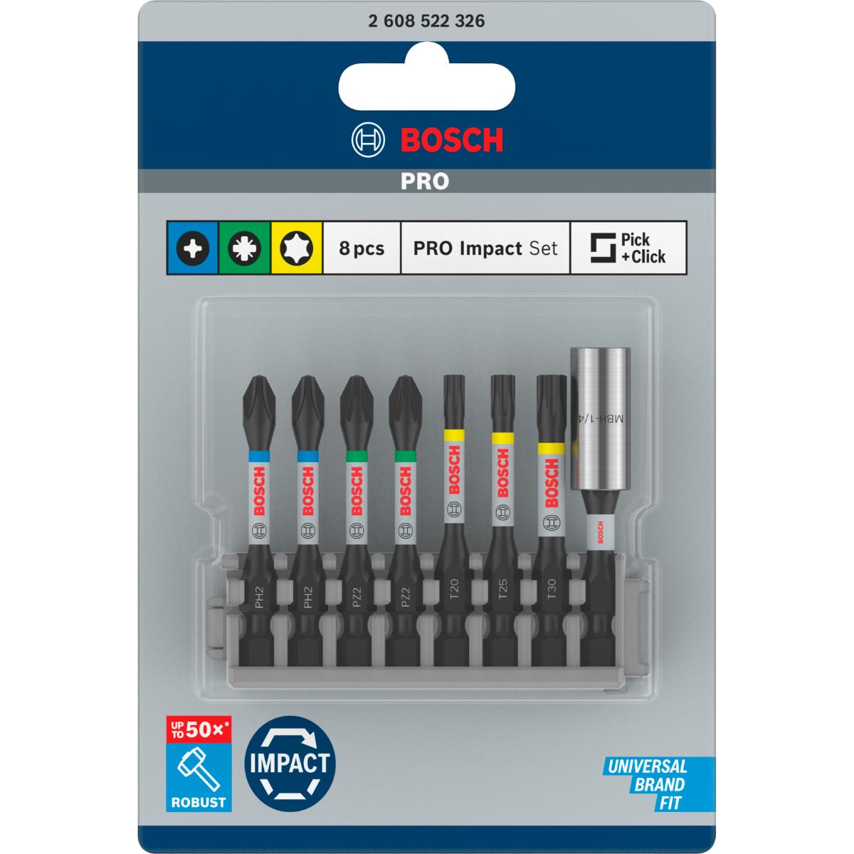 Bosch PRO Schrauberbit-Set Impact Control, 8-teilig, 2 x PH2, 2x PZ2, T20, T25, T30, 50 mm