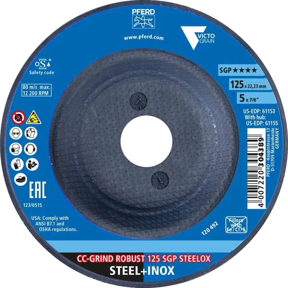 PFERD TOOLS CC-GRIND ROBUST Schleifscheibe 125x22,23 mm Speziallinie SGP STEELOX für Stahl/Edelstahl (POS 2)
