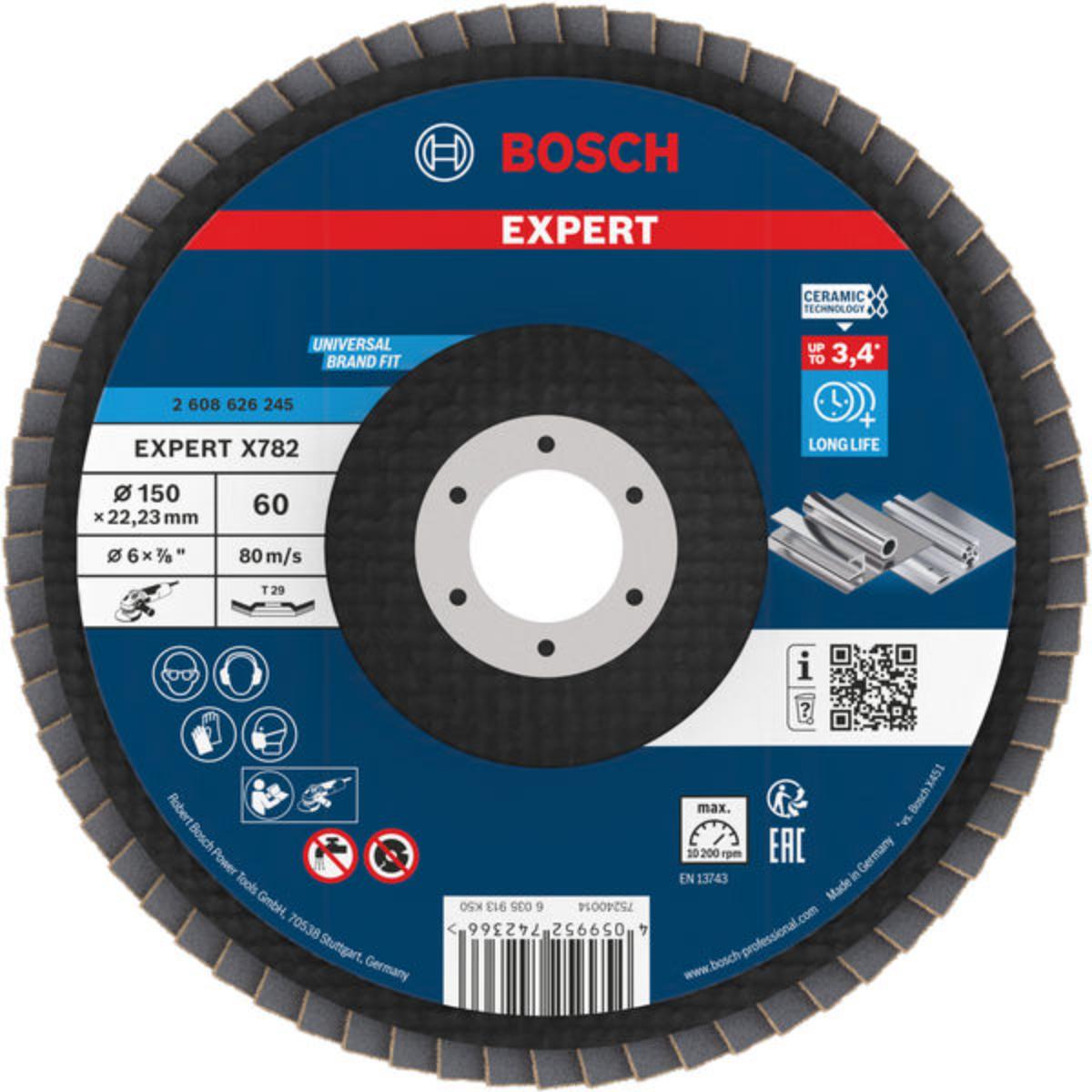 Bosch EXPERT X782 Fächerschleifscheibe, abgewinkelt, 150 mm, K60, Bohrung 22,23 mm
